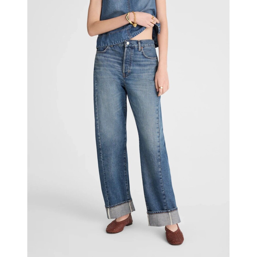 Madewell Pieced Barrel-Leg Full-Length Jeans Womens 31 Blue Button Fly Cotton